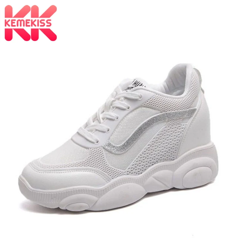 

KemeKiss 2019 Air Mesh Vulcanized White Shoes Women Casual Hidden Heels Outdoor Wedges Sneakers Bling Stripe Shoes Size 34-40