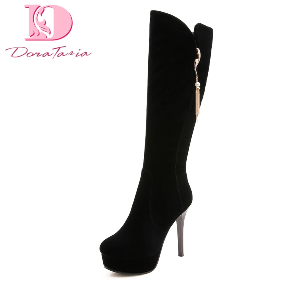 

DoraTasia brand new Plus Size 32-42 sexy Thin High Heels Solid Elegant Mid Calf Boots Woman Shoes Woman Boots Female