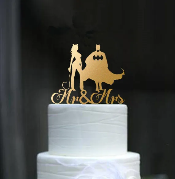 Бэтмен и Охотник Девушка свадебный торт Топпер Mr and Mrs торт Топпер s зеркало золото, черный акриловый торт аксессуары украшения