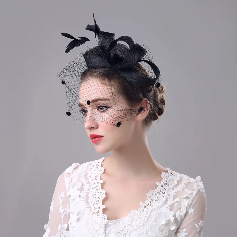 Модная льняная черная птичья клетка, вуаль, винтажные Свадебные шляпы, элегантные перья, свадебные аксессуары для волос, свадебная шляпа для женщин, невесты
