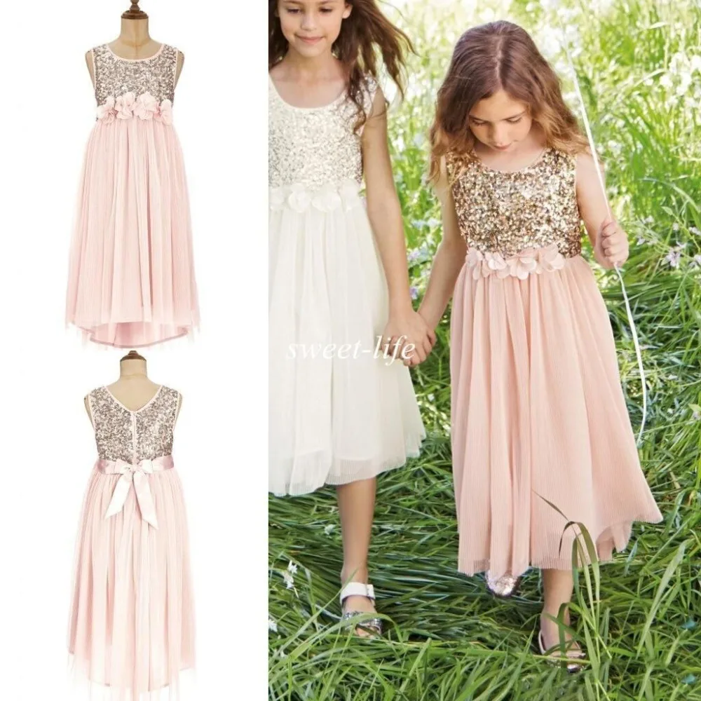 

Bling Blush Flower Girls Dresses Gold Sequins Flower Sash Tea Length Tulle A Line Kids Formal party Dress Junior Dress