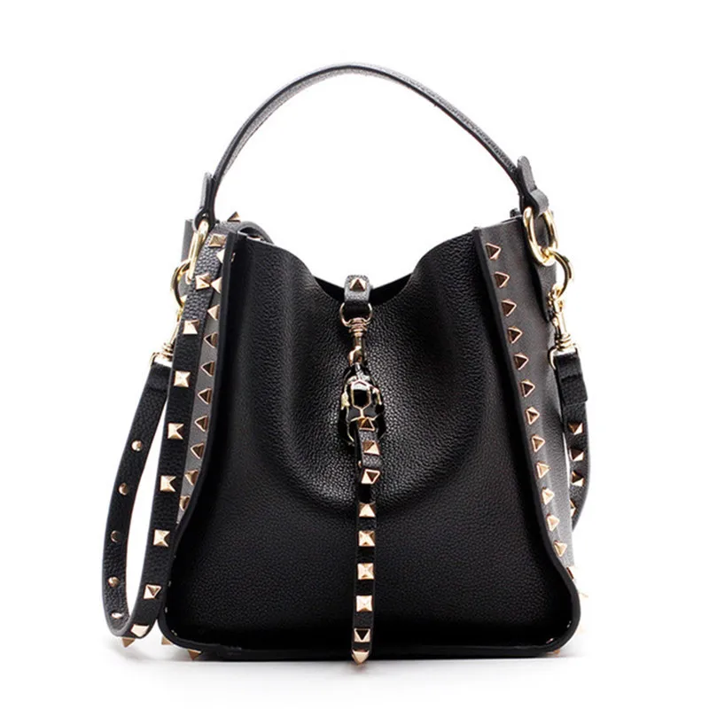 

Designer Genuine Leather bucket bag Women rivet Handbags Luxury soft cowhide Tote Bag leopard Shoulder Messenger Bags sac a main