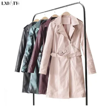 

LXMSTH Fashion New Long Leather Coat Women Turn Down Collar Slim Female Leather jackets Ladies 2019 Spring Trench Coats Pink