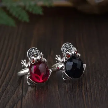 

FNJ 925 Silver Frog Ring Black Green Yellow Red Stone Original S925 Sterling Thai Silver Rings for Women Jewelry Adjustable Size