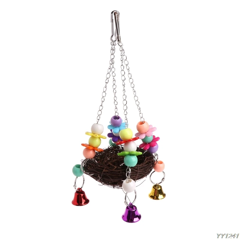 Natural Rattan Nest Bird Swing Toy with Bells Cage Perch Stand For
