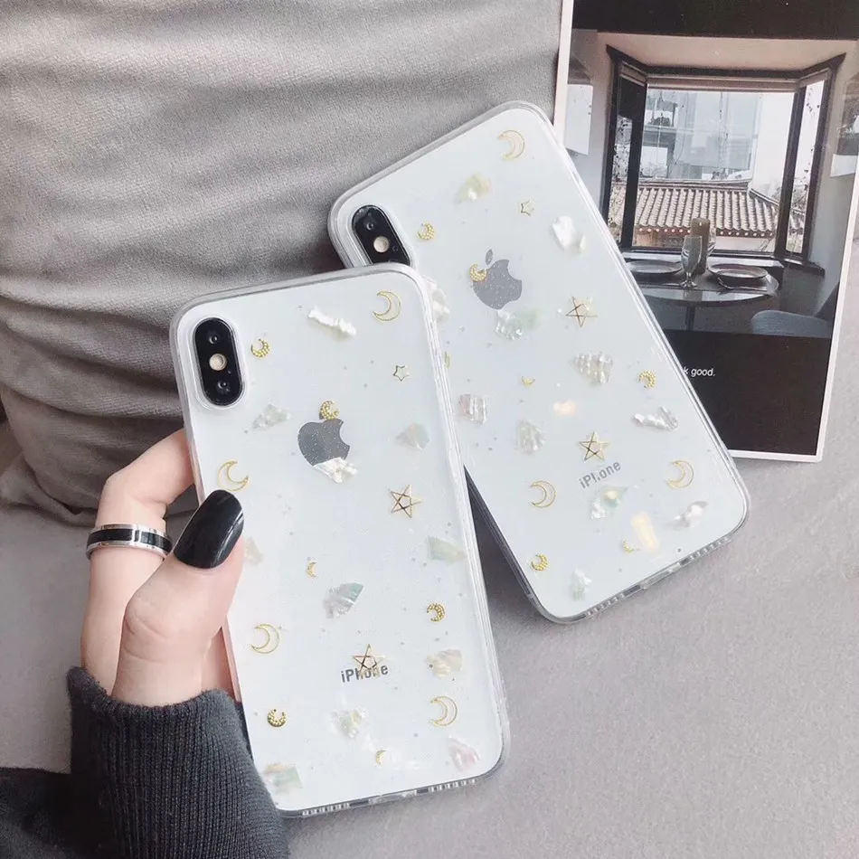 

For iPhone 7 Plus XR X XS Max Case 3D Gold Foil Moon Stars Pattern Phone Case For iPhone 8 Plus 6 6s Transparent Soft TPU Cover