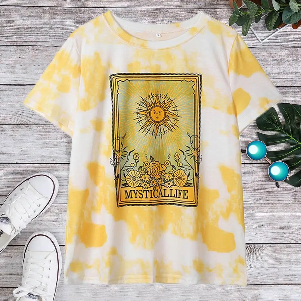 

Summer Women T-shirt Harajuku Top Fashion Sun Floral Printing Short Sleeve O Neck Casual Shirt Tops Yellow T Shirt camiseta 2019