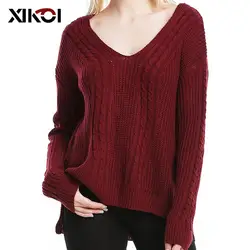 XIKOI Для женщин свитера и пуловеры большой Размеры v-образным вырезом Новый Свитера, пуловеры с длинными рукавами с открытыми плечами свитер