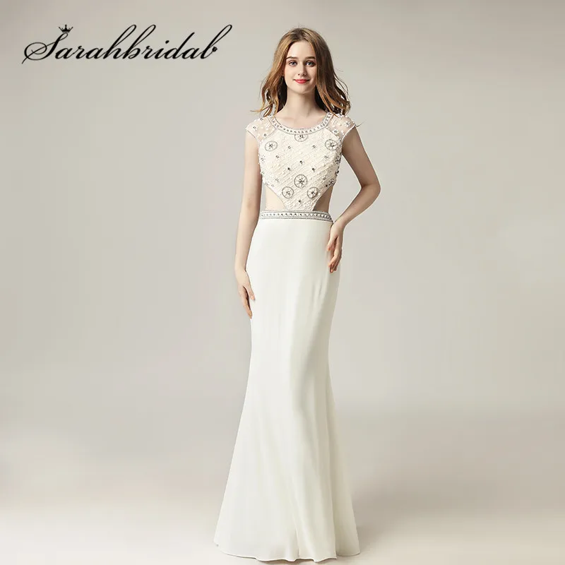 

Cap Short Sleeves Evening Dresses 2019 Sexy Cutaway Sides Beading Crystals Ivory Mermaid Long Prom Party Gowns CC433