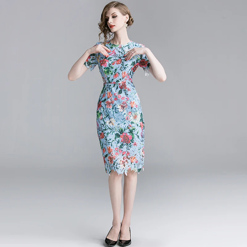 

Water Solude Lace Dress Elegant Women Summer Midi Dress 2019 Short Sleeve Flower Embroidery Sheath Bodycon Party Dress Vestidos