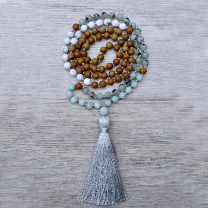Mystic Beach Mala J-asper Amazonite Kiwi Howlite &amp Wood 108 Bead Hand Knotted Tassel Necklace Yoga Jewelry | Украшения и