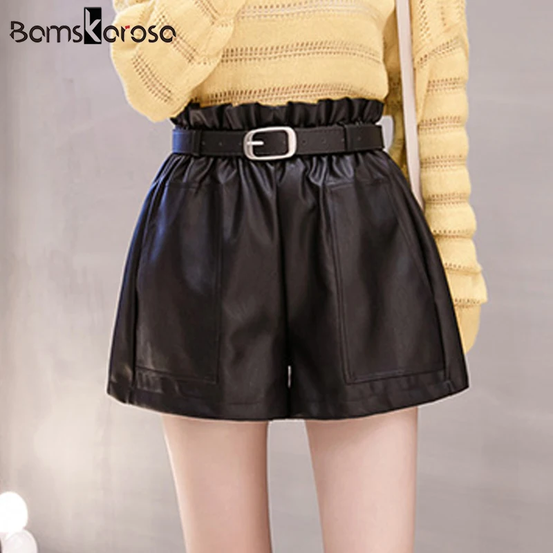 Young Gee Women Wide Leg PU Faux Leather Shorts Autumn