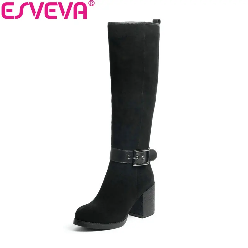 

ESVEVA 2018 Women Boots Winter Warm Knee-high Boots Cow Leather + Scrub Western Style Ladies Shoes Square High Heels Size 34-39