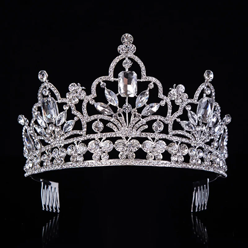 Горячая Серебряная Хрустальная большая королевская пышная корона благородные Стразы диадема, тиара для Ободки принцесса свадебные AccessoriesT-029 для волос