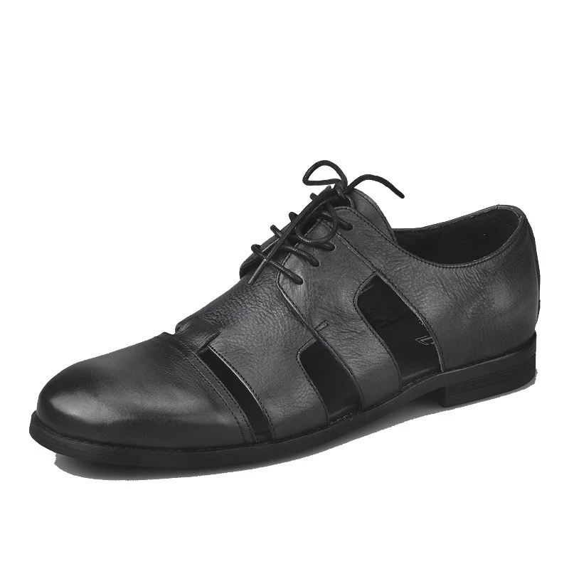 

Summer Breathable Men's Genuine Leather Hollow Roman Beach Shoes Outdoor Sandals Lace Up Youth Vintage Wedges Walking Foot Wear