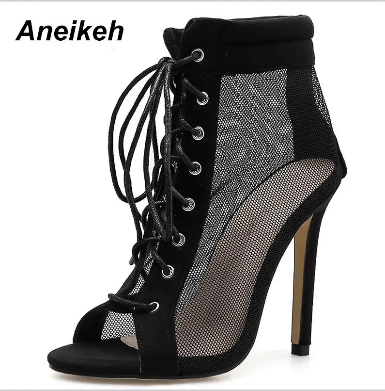 Black Aneikeh/Новые Модные женские сандалии-гладиаторы до щиколотки из сетчатого материала; полусапожки на высоком каблуке; пикантные модельные туфли на шнуровке с открытым носком - Цвет: Black
