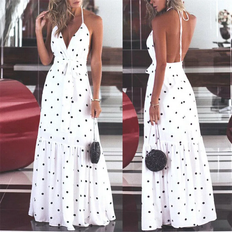 

Boho Women Summer Holiday Dress Dot Printed Long Maxi Dress Stylish Suspenders Deep V-neck Long Dresses Casual Dresses With Belt