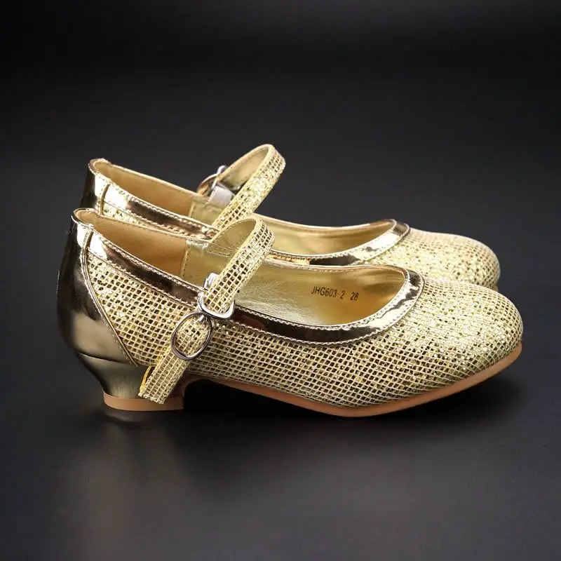 Для маленьких девочек Серебряный Bling Кожаные туфли-лодочки маленький ребенок Золотой модные Туфли без каблуков большой детский розовый танца performace show обувь для вечеринок