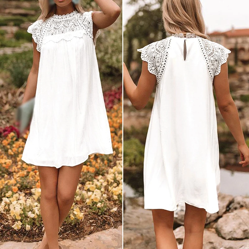 Women's Dress Ladies Holiday Summer Short Sleeve Casual Fashion Party Loose Boho Beach Lace Cocktail mini dress
