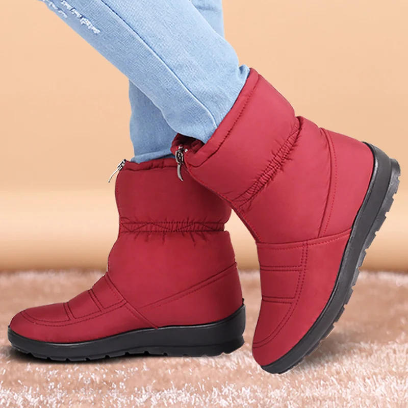 

Women ankle boots warm winter shoes woman waterproof snow boots buckle wedges plush solid black boots large size 35-42