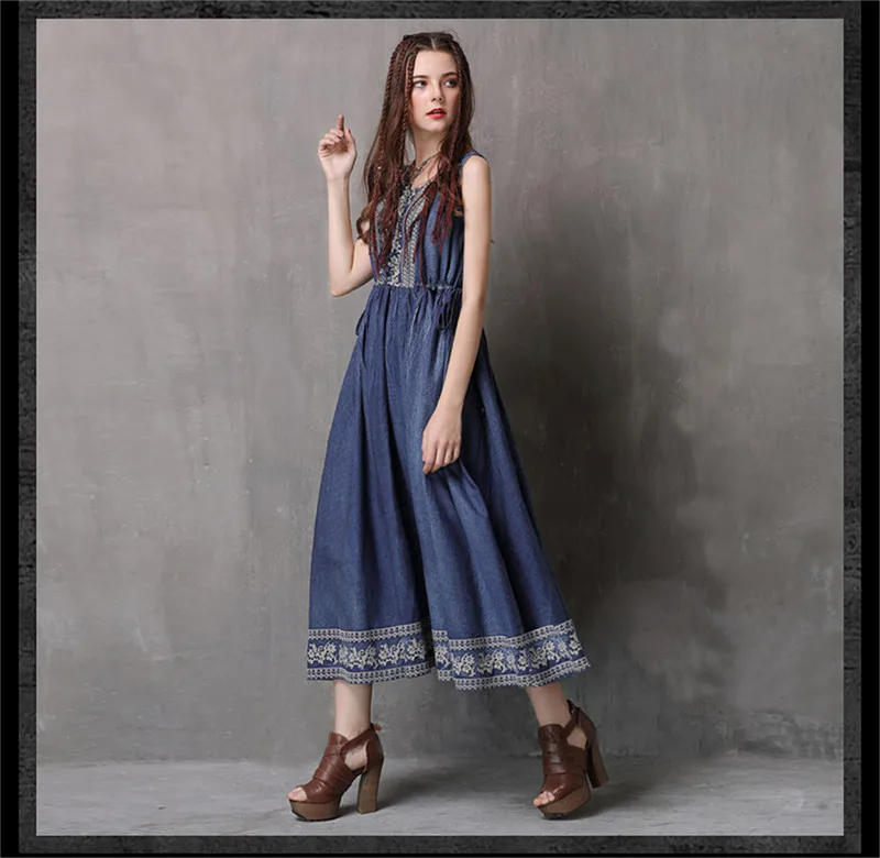 Vintage Summer Dress 2018 Cotton Women denim Dress Embroidery Dress Sleeveless  Tank Dresses O-Neck Floral Vestidos Femininos (11)