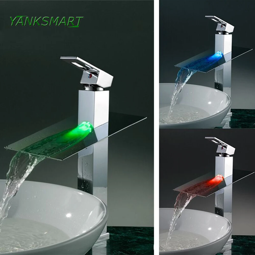 Modern Bathroom LED Chrome Vessel Sink Basin Faucet Waterfall Spout Mixer Taps