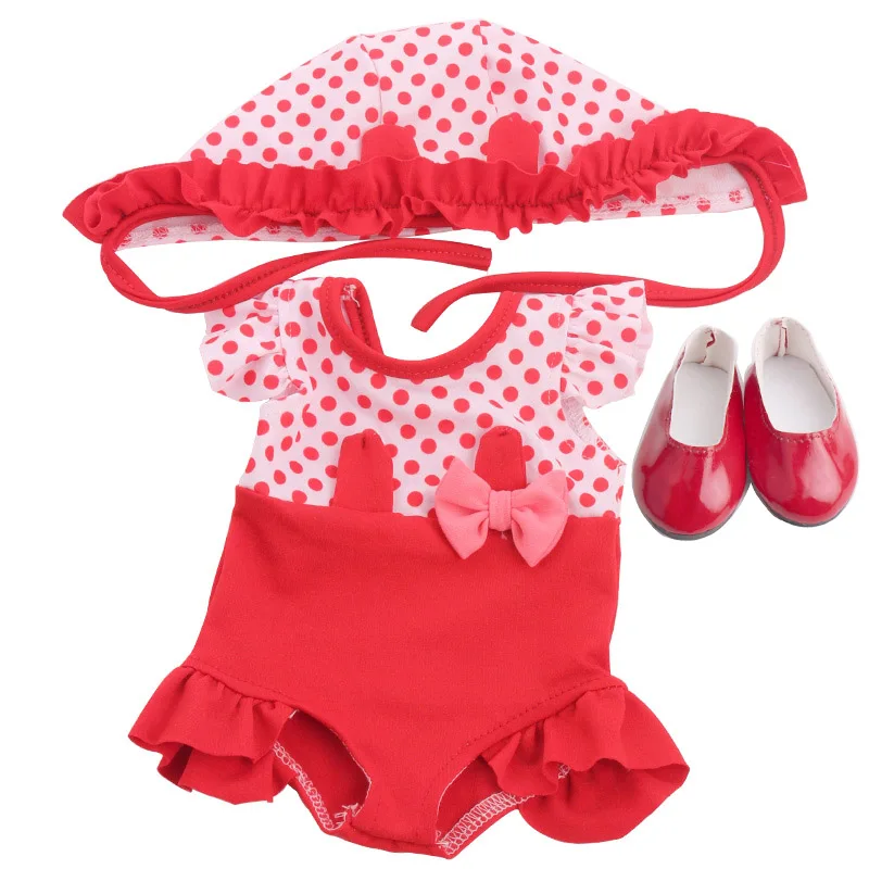 18-дюймовые Девочки Кукла в купальнике бикини купальный костюм+ шапочка с обувью Американский юбка для новорожденных детские игрушки подходит 43 см для ухода за ребенком для мам, детские куклы, c137 - Цвет: Red