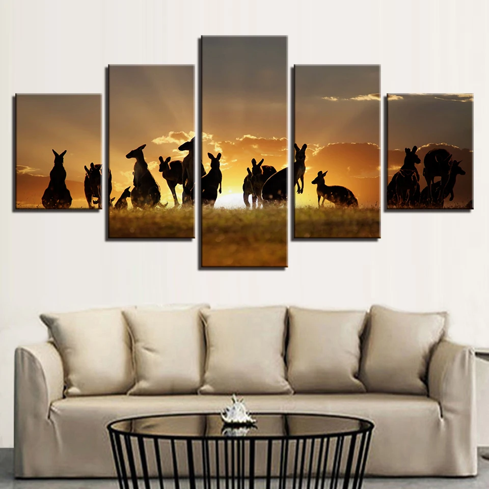 Modern-Home-Decor-Paintings-On-Canvas-Wall-Art-5-Pieces-Golden-Sunset-Kangaroos-Pictures-Living-Room (1)