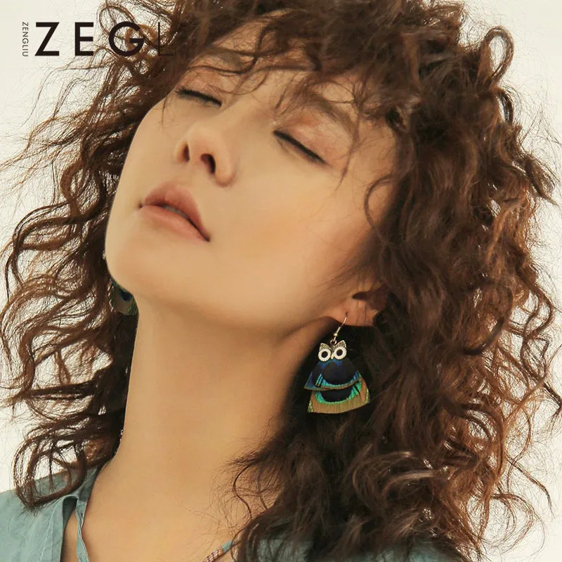 

ZEGL vintage owl earrings femininity national wind feather earrings clip on earrings