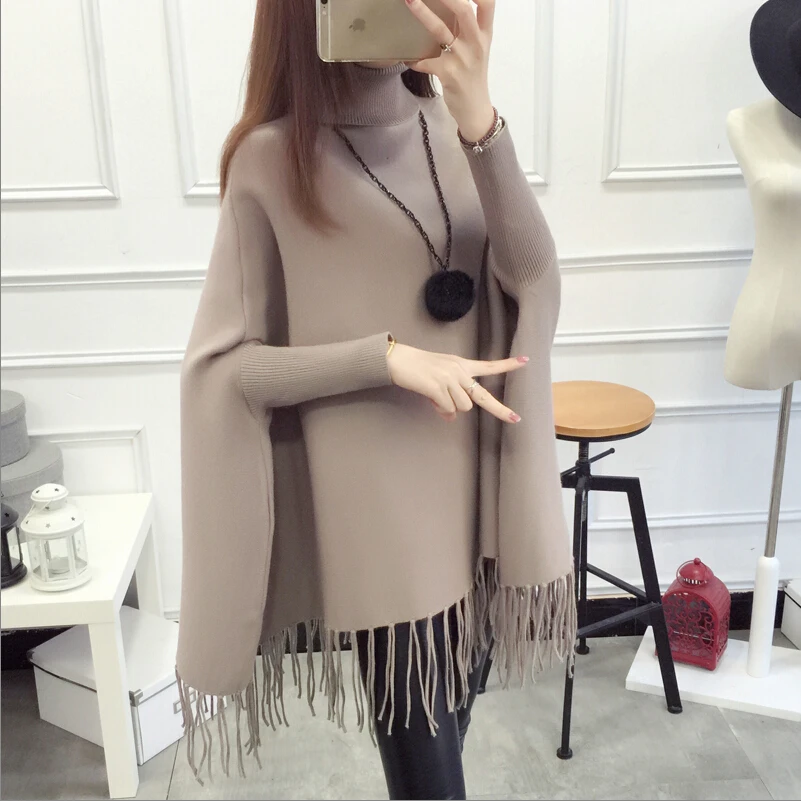 

Korean Women turtleneck hedging Hitz loose long fringed shawl sweater sweater coat sweater