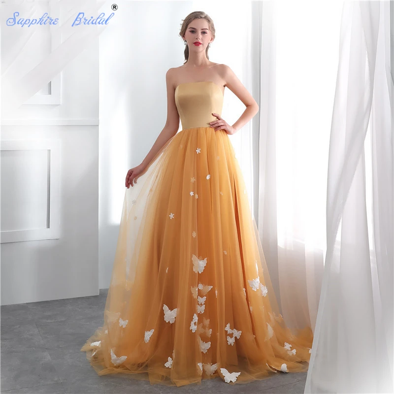 فستان زفاف طويل من التول الذهبي توب ساتان بدون حمالات فستان سهرة أنيق مزين بالياقوت Evening Dresses Aliexpress