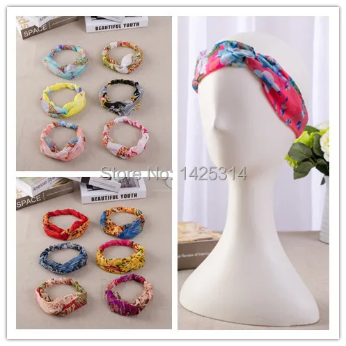 

24Pcs/lot Women Chiffon Bow headwrap Cross Bowknot Leopard Girl Headband Fashion Vintage Hair accessories Floral Cinta de cabeza