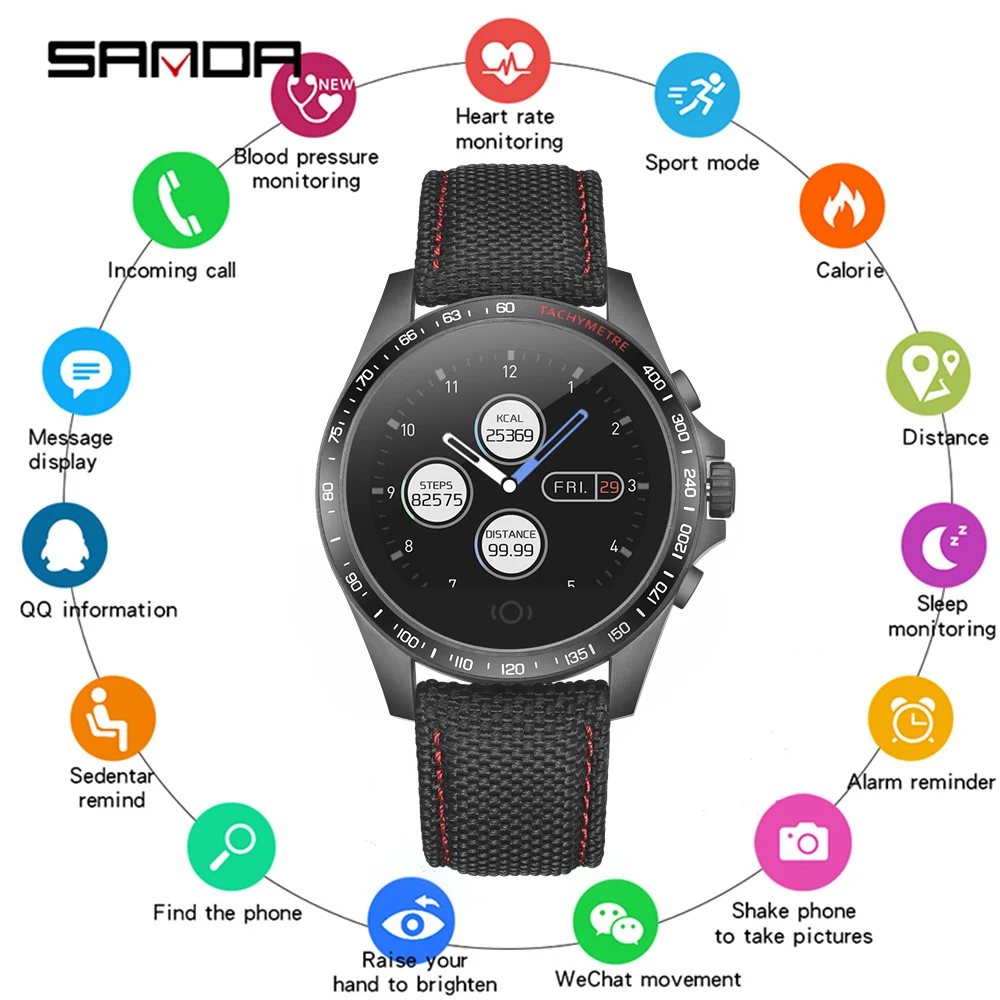 

SANDA Smart Watch Black Sport Fashion Chronograph Auto Date Message Reminder Heart Rate Monitor Sleep Tracker Men's Smart Watch