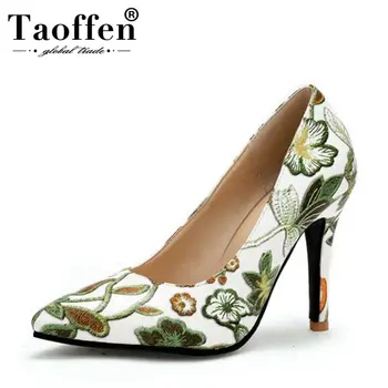 

TAOFFEN Plus Size 33-45 Elegant High Heels Pumps Shoes Women Flowers Pointed Toe Slip On Party Wedding Thin Heels Footwear