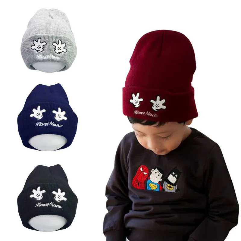 

Lovely Baby Girl Boy Knitted Crochet Winter Hats with mickey mouse hand printed beanie