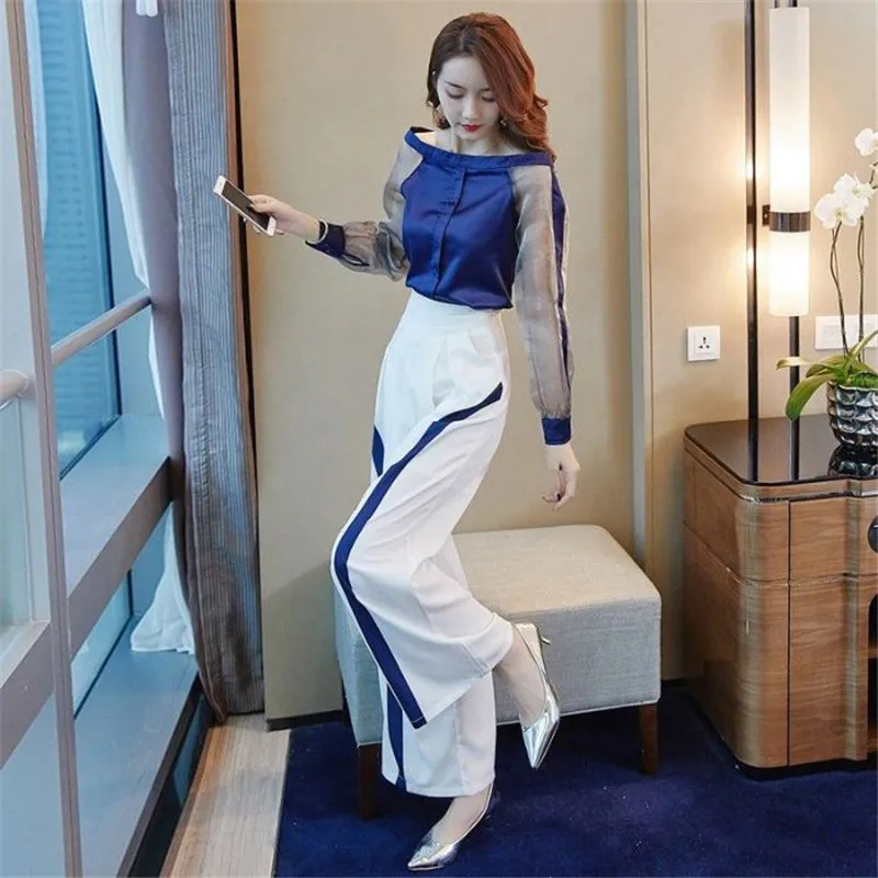 

2019 Summer Women Slash Neck See Through Chiffon Patchwork Shirt+Contrast Color Loose Wide Leg Pants Suit Female Casual Set Y143