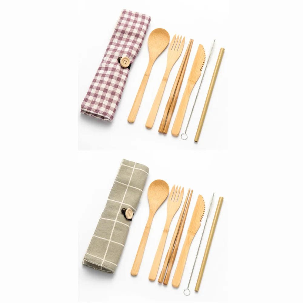 2/4 комплекта в Корейском стиле деревянная посуда Набор бамбуковых столовых приборов вилки, ножи, ложки с крупным планом сумка для посуды Bamboo соломы, набор посуды для путешествий