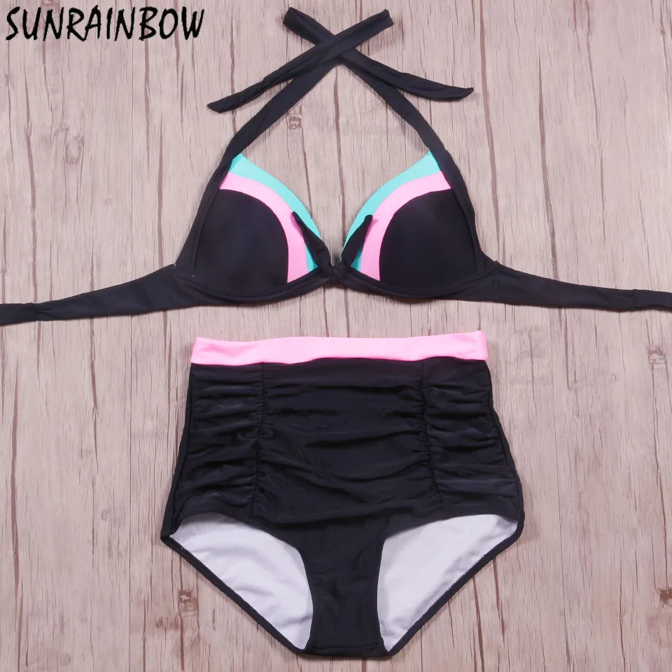 

SUNRAINBOW 2019 New Bikinis Women Swimwear High Waist Swimsuit Swimwear Push Up Crop Top High Neck Bikini Set Bathing Suit