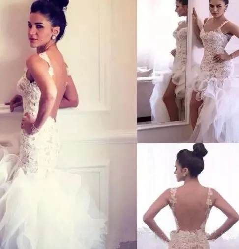 

2019 Sexy Backless Vestido De Noiva Ruffled Mermaid Wedding Dresses Applique High Low Spaghetti Strap Lace Bridal wedding Gowns