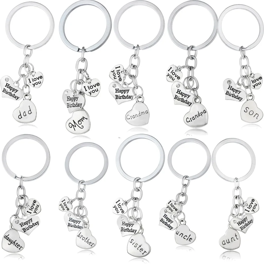 Family Mom Heart Happy Birthday Crystal Silver Key Chain Ring Keyring Keychain 