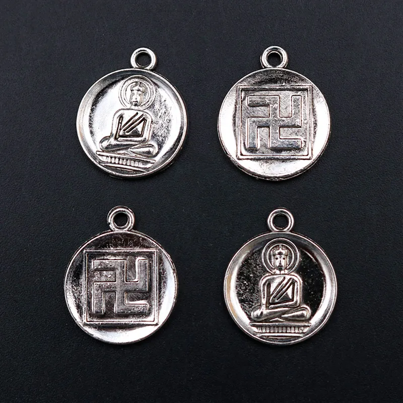 

WKOUD 10pcs Antique Silver 18mm Flat Round Buddha &Buddhist swastika Tag Charm Religion Jewelry Alloy Pendant A1925
