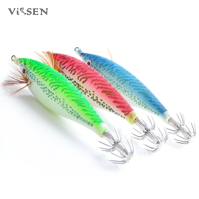 

VISSEN 10 pcs 11CM/14.5g squid jig Fishing Lures Octopus Bait Wood Shrimp Luminous Bionic Tackle