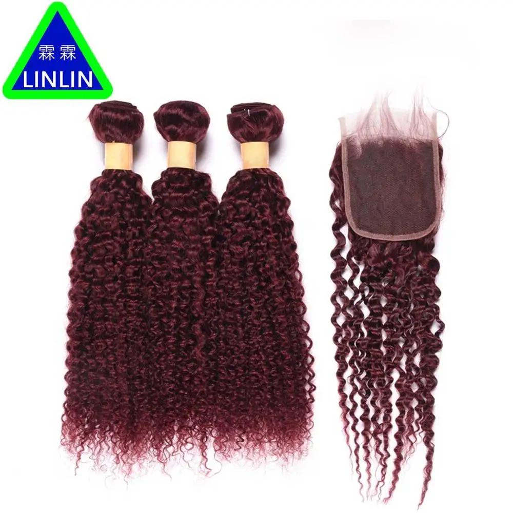 

LINLIN Pre-colored Raw Vietnamese Hair Weave Bundles With Closure 3 Bundles With Lace Closure Kinky Curly 99j Hair Rollers