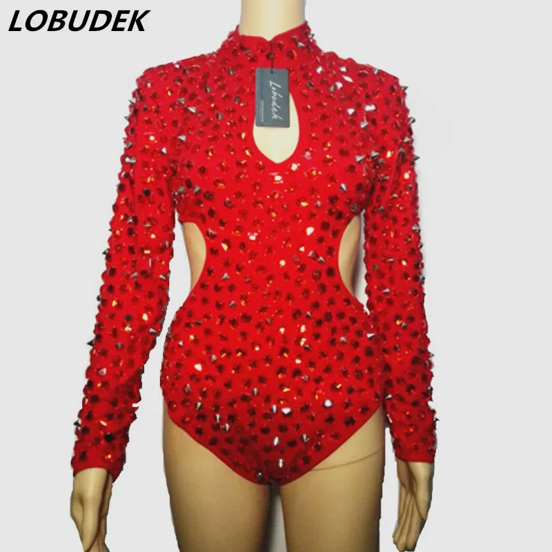 Hand sewing Rhinestones Rivet Red Bodysuit Sexy Hollow out Crystal Jumpsuit DJ Female