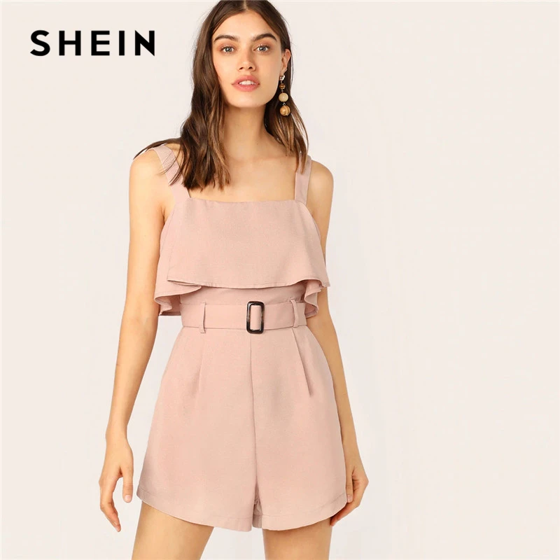 

SHEIN Pink Zip Back Ruffle Foldover Buckle Belted Tank Rompers Womens Jumpsuit Straps Playsuit Summer Office Lady Overall Romper