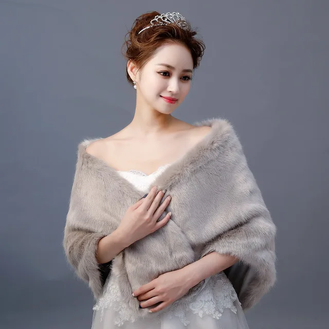Disc Artificial fur shawl for autumn winter Bride wedding evening dress accessory Host warm cloak Elegant grey Long hair Banquet show