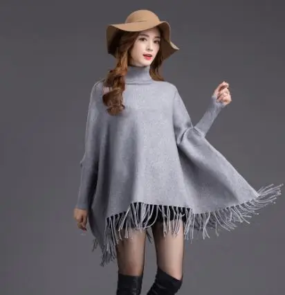 Женская мода новая Банкетная накидкой пальто с кисточками свободные Высокий воротник утолщенный свитер вне свитер - Цвет: Серый