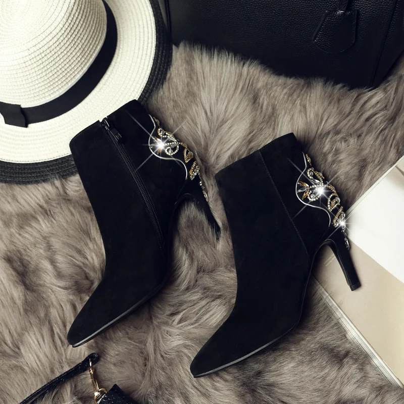 Soirée Talons Peluche De Bout Black Strass À Femmes Broderie Chaussures En Sexy Court Chaud Chaussons Wintier Hauts Bottes Mince Pointu Cheville Automne c3F1KlJT