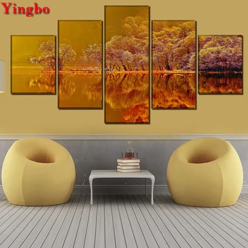 

DIY Diamond Painting 5 Panel Autumn Forest Lake Pond Reflection painting diamond Embroidery Cross Stitch Mosaic square/round