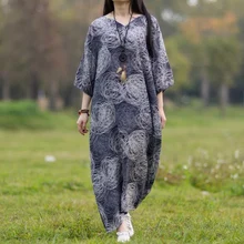 Повседневное платье, весеннее летнее женское платье, голубое, белое, Чернильное, винтажное, с принтом, длинное, свободное, хлопковое, льняное, Платье Макси